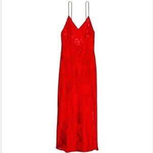 Victoria's Secret Vintage Maxi Slip Dress Red Silky Floral Burnout Semi Sheer